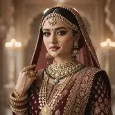Indian bride in red saree with jewelry, mehndi hands, smiling softly