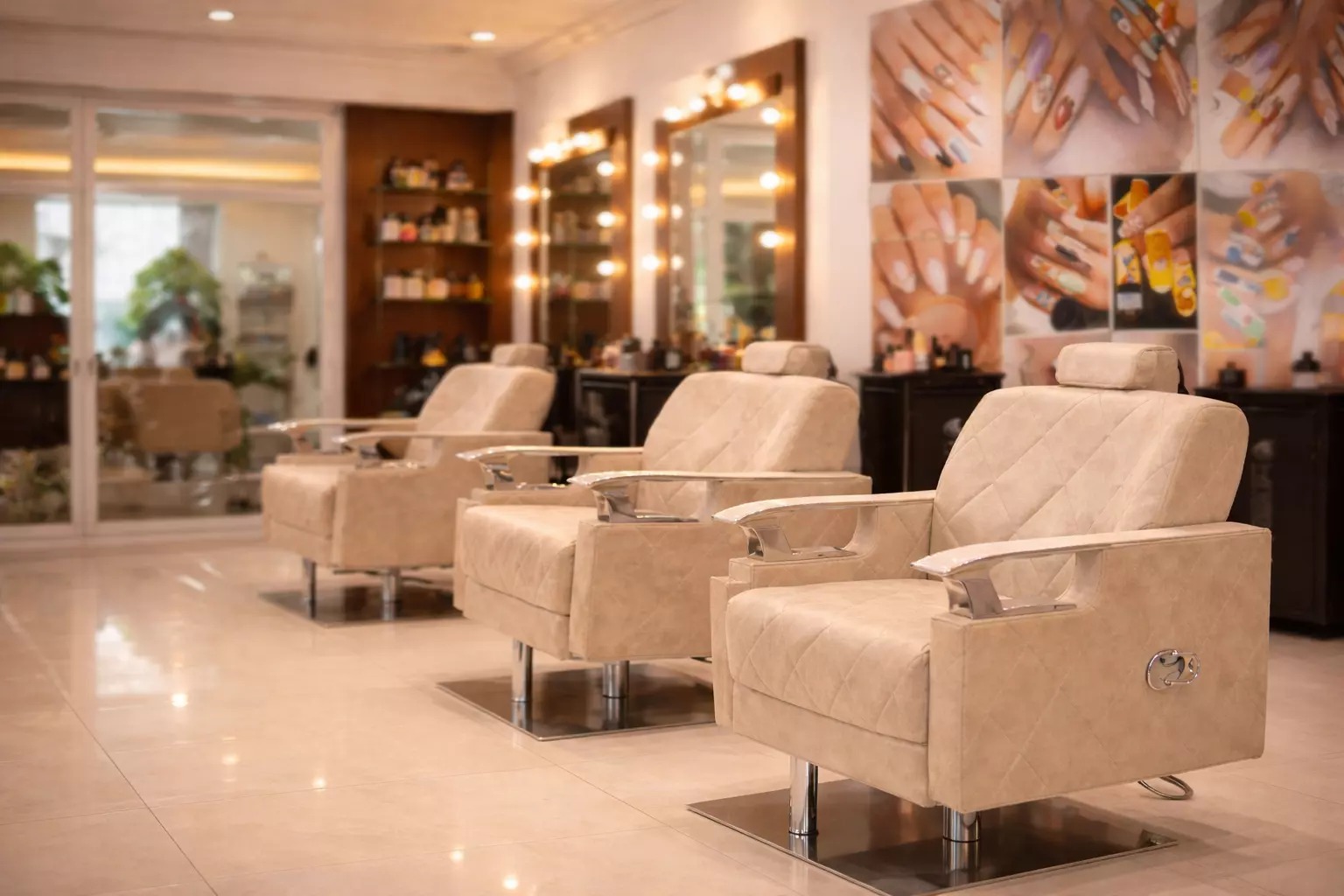 Luxury beauty salon interior with styling chairs, makeup mirrors, and modern professional setup