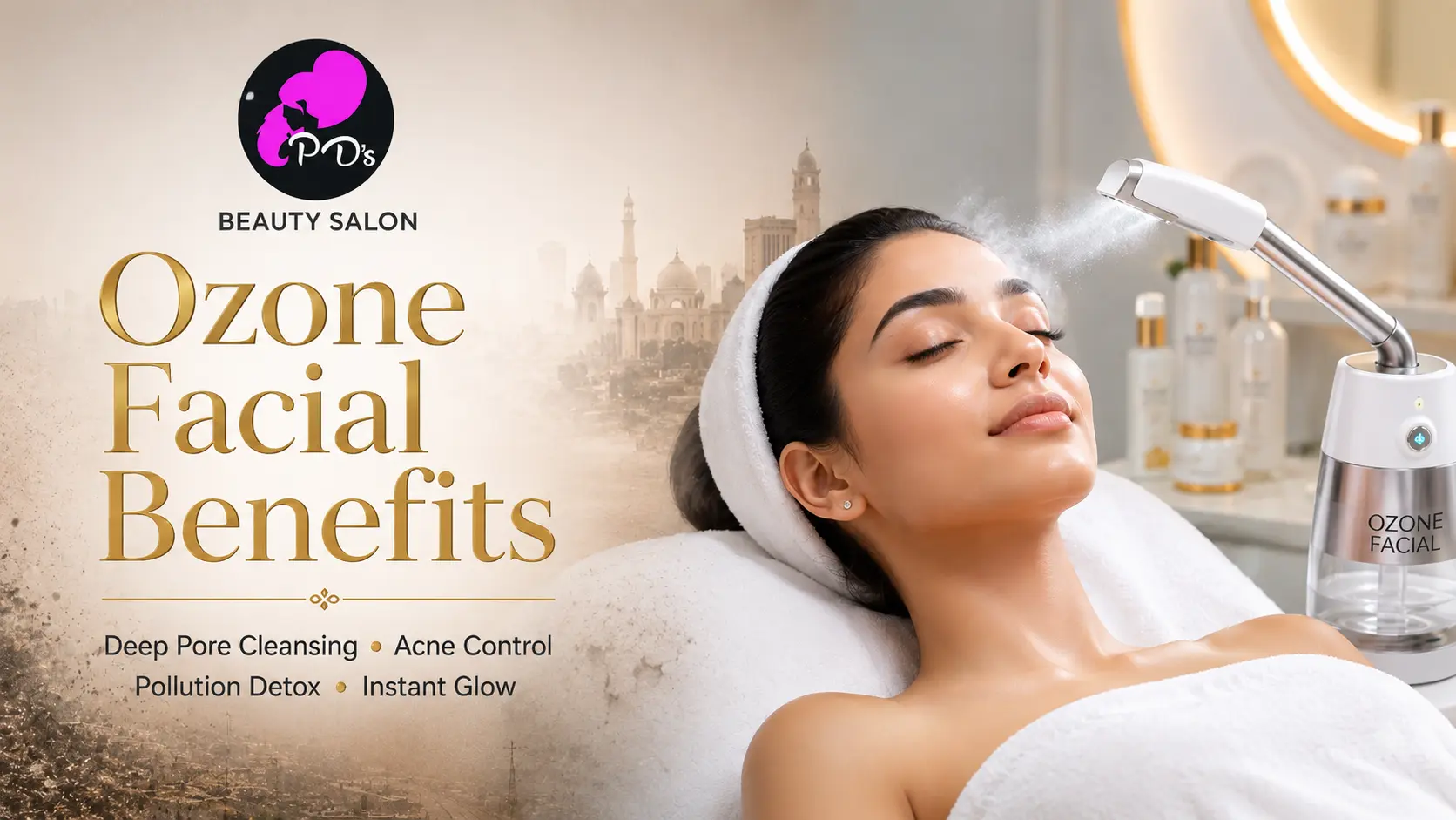 PD's Beauty Salon ozone facial treatment promoting deep cleansing, acne control, detox, and glow.