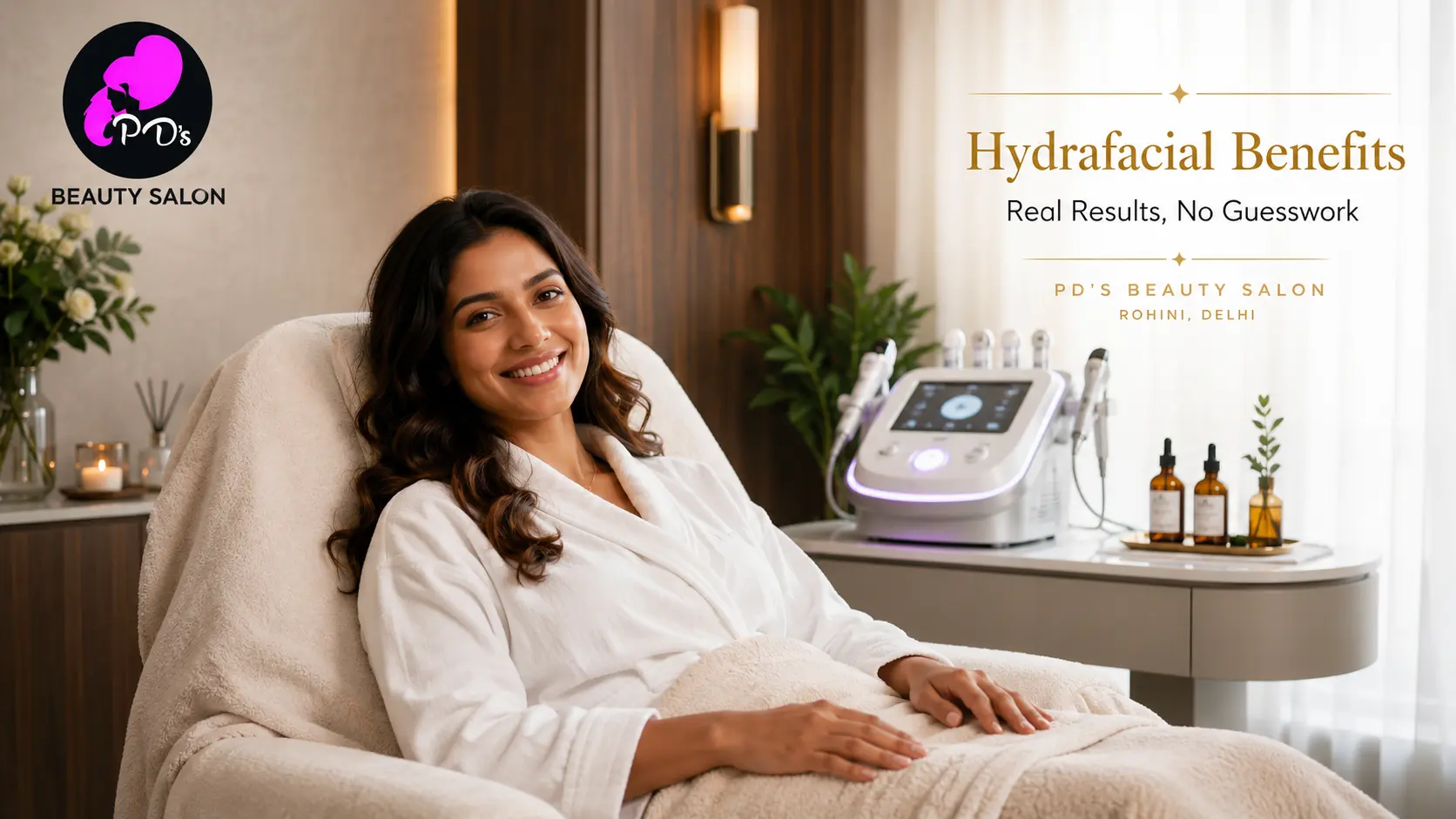 Woman enjoying a Hydrafacial at PD's Beauty Salon in Rohini Delhi