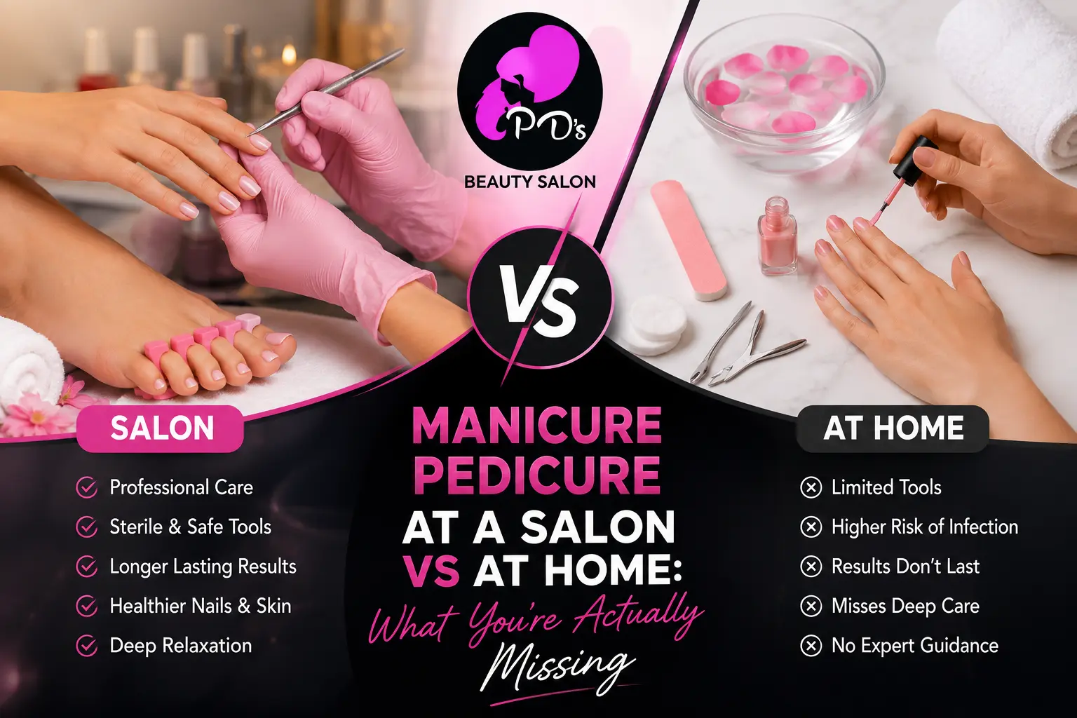 Salon vs home manicure comparison highlighting professional nail care benefits.
