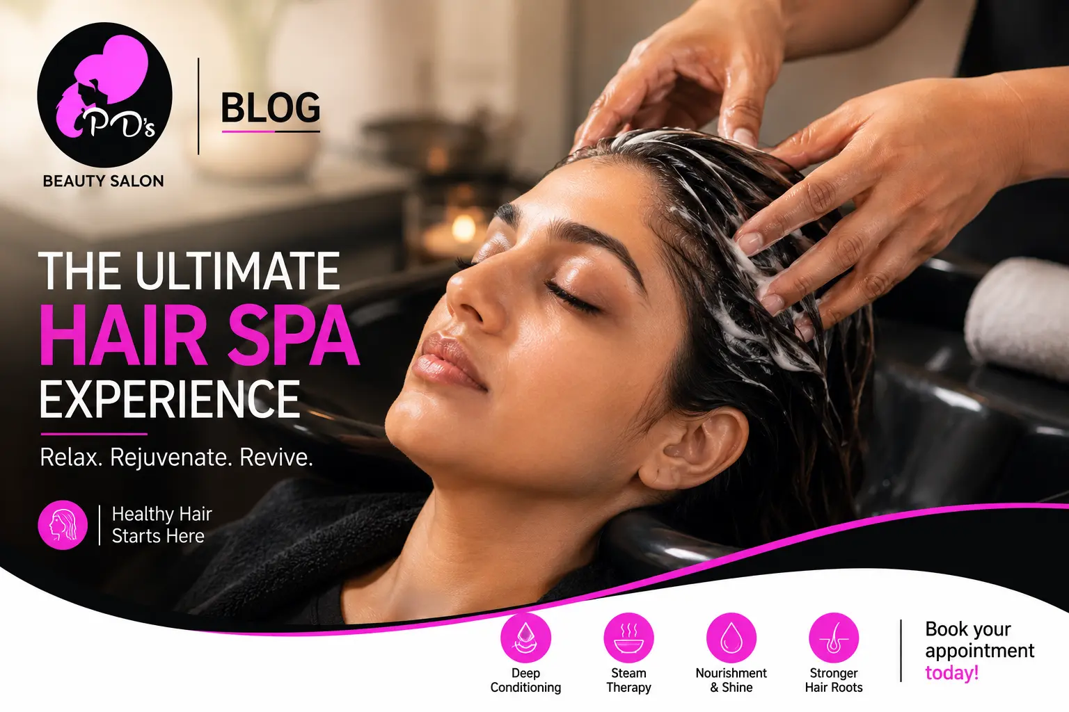 Woman enjoying a relaxing hair spa treatment with a stylist massaging her scalp at PDS Salon.