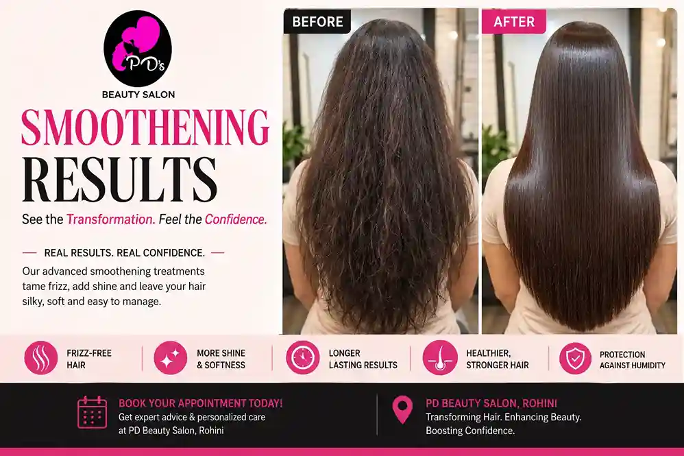PD Beauty Salon hair smoothening results showing frizz-free, smooth and shiny hair