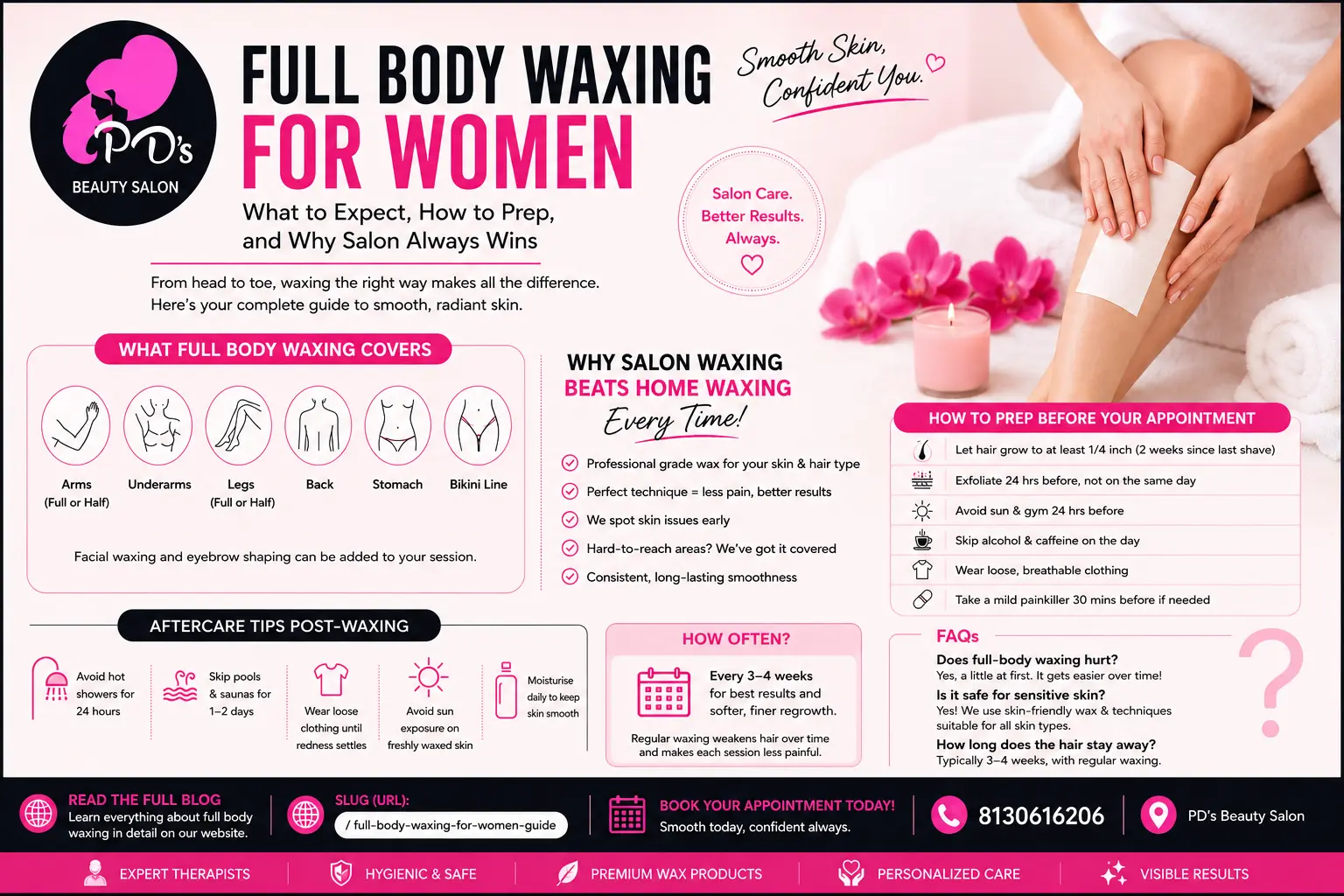 Full body waxing guide for women at PD's Beauty Salon with prep and aftercare tips