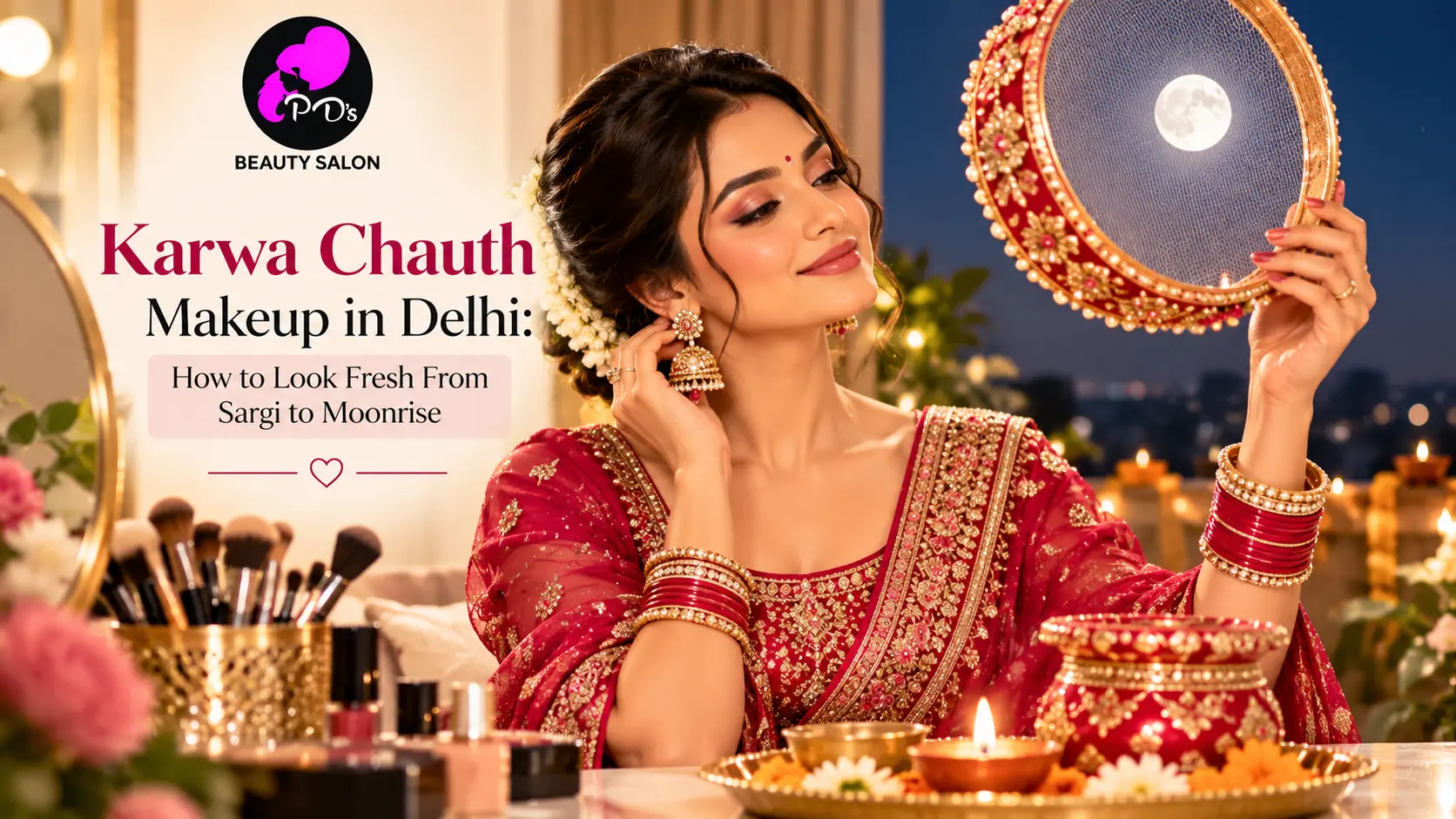 Karwa Chauth makeup in Delhi with a woman in a red outfit by PD’s Beauty Salon.