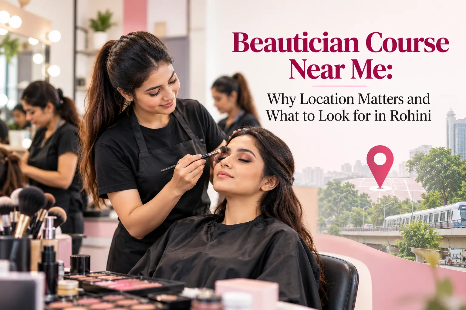 Beautician course training in a modern salon classroom in Rohini, with a student practicing makeup on a client.